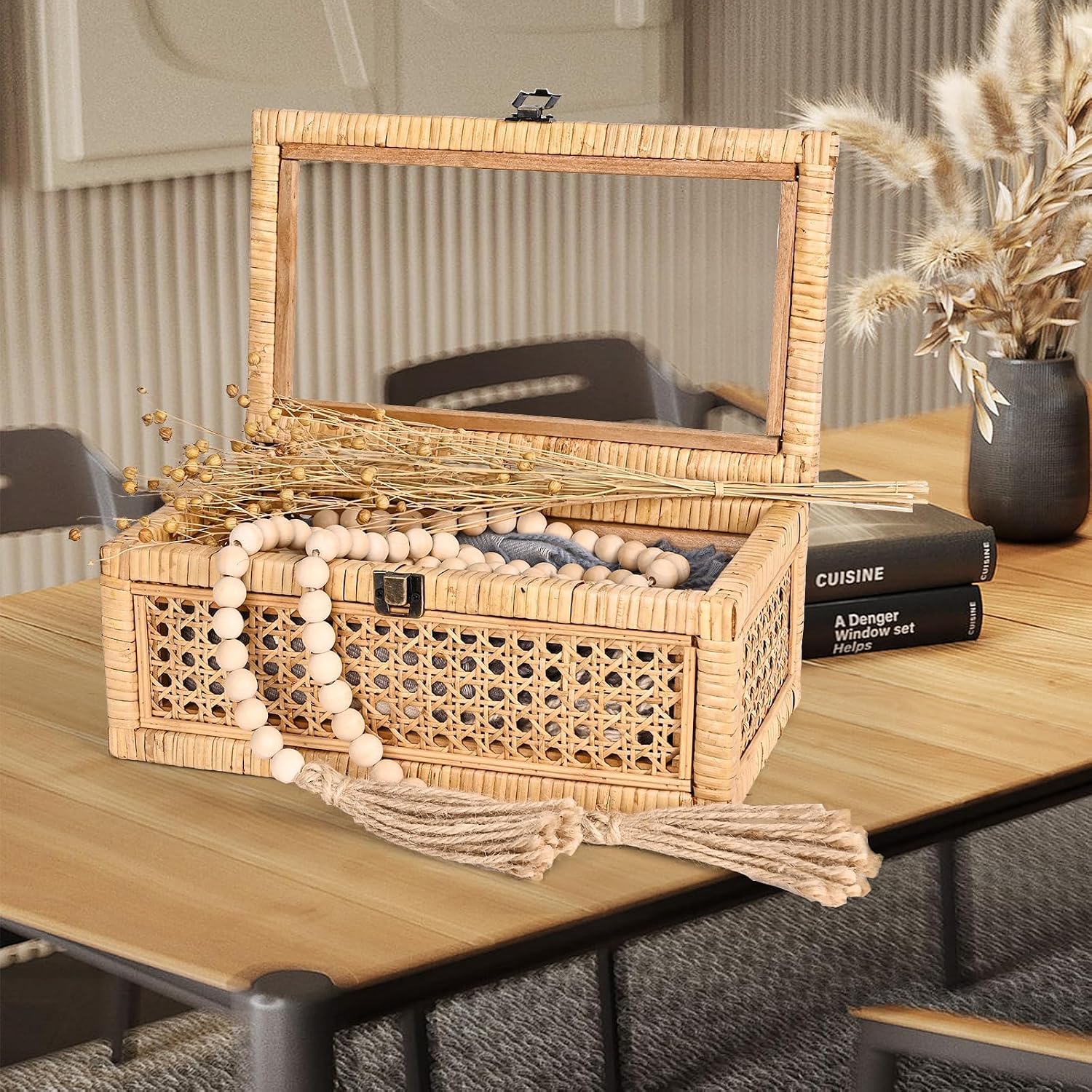 Glass Top Lidded Rattan Storage Boxes