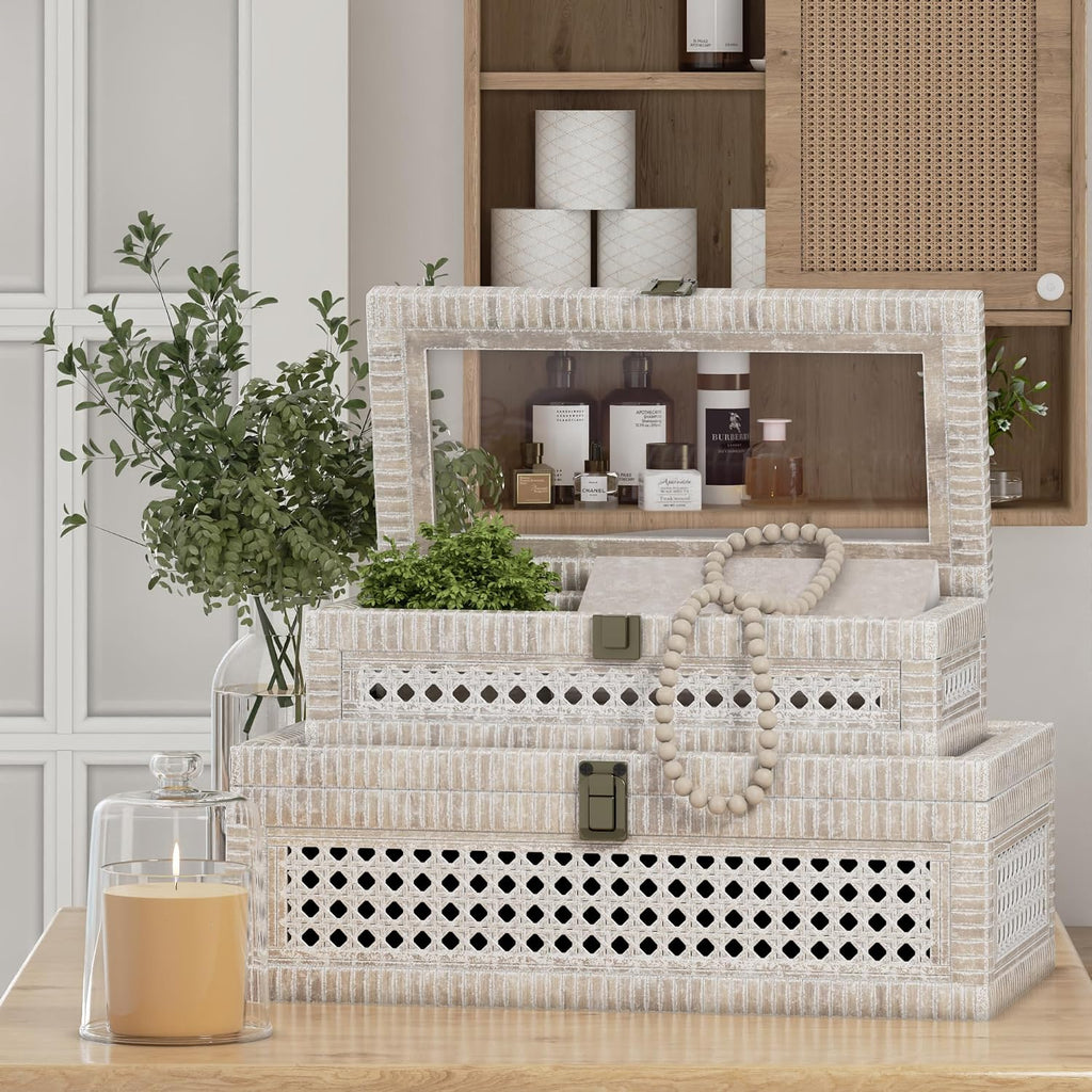White Lidded Rattan Decorative Boxes