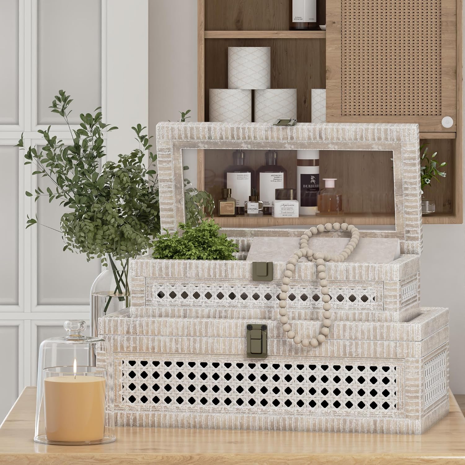 White Lidded Rattan Decorative Boxes