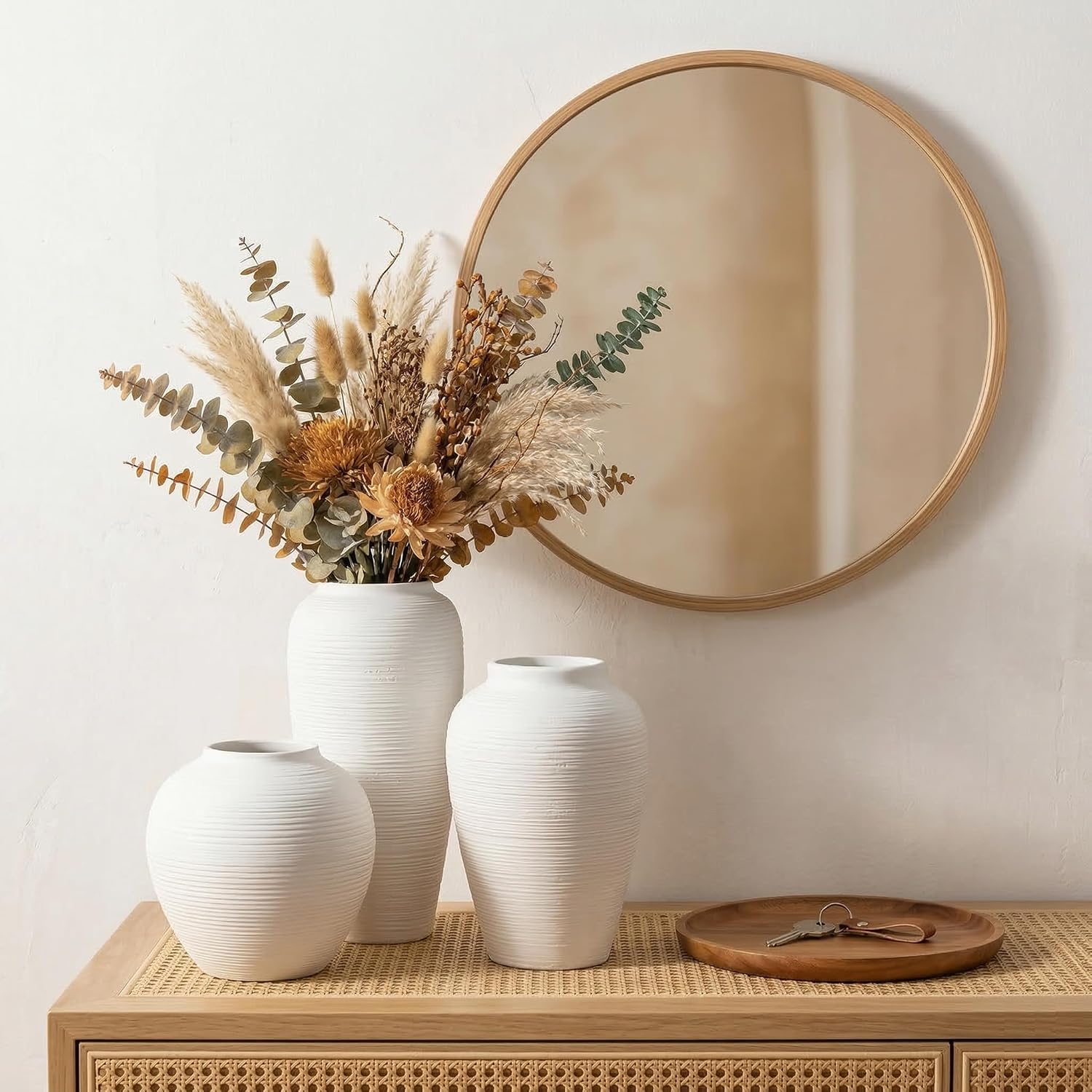 Ribbed White Ceramic Vase Set of 3