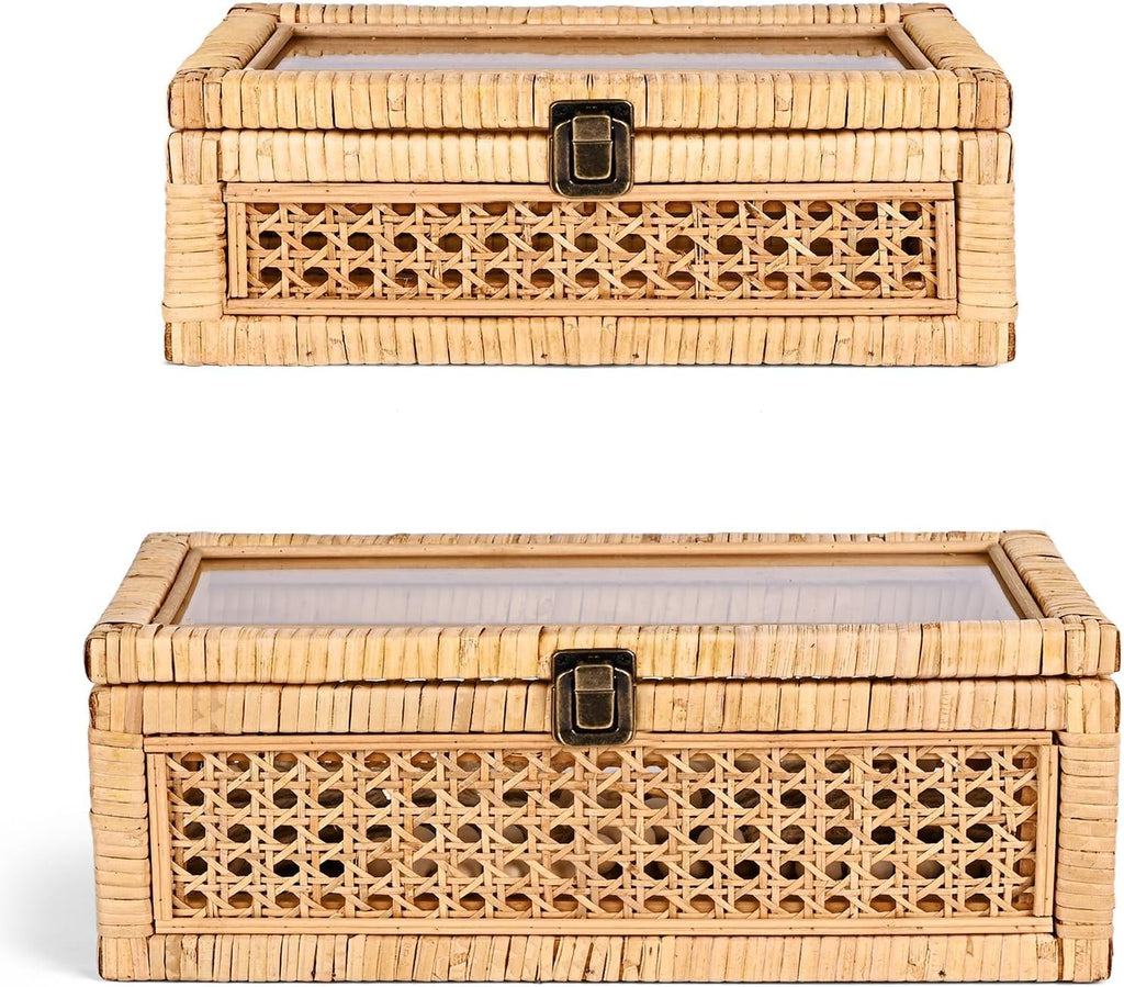 Glass Top Lidded Rattan Storage Boxes