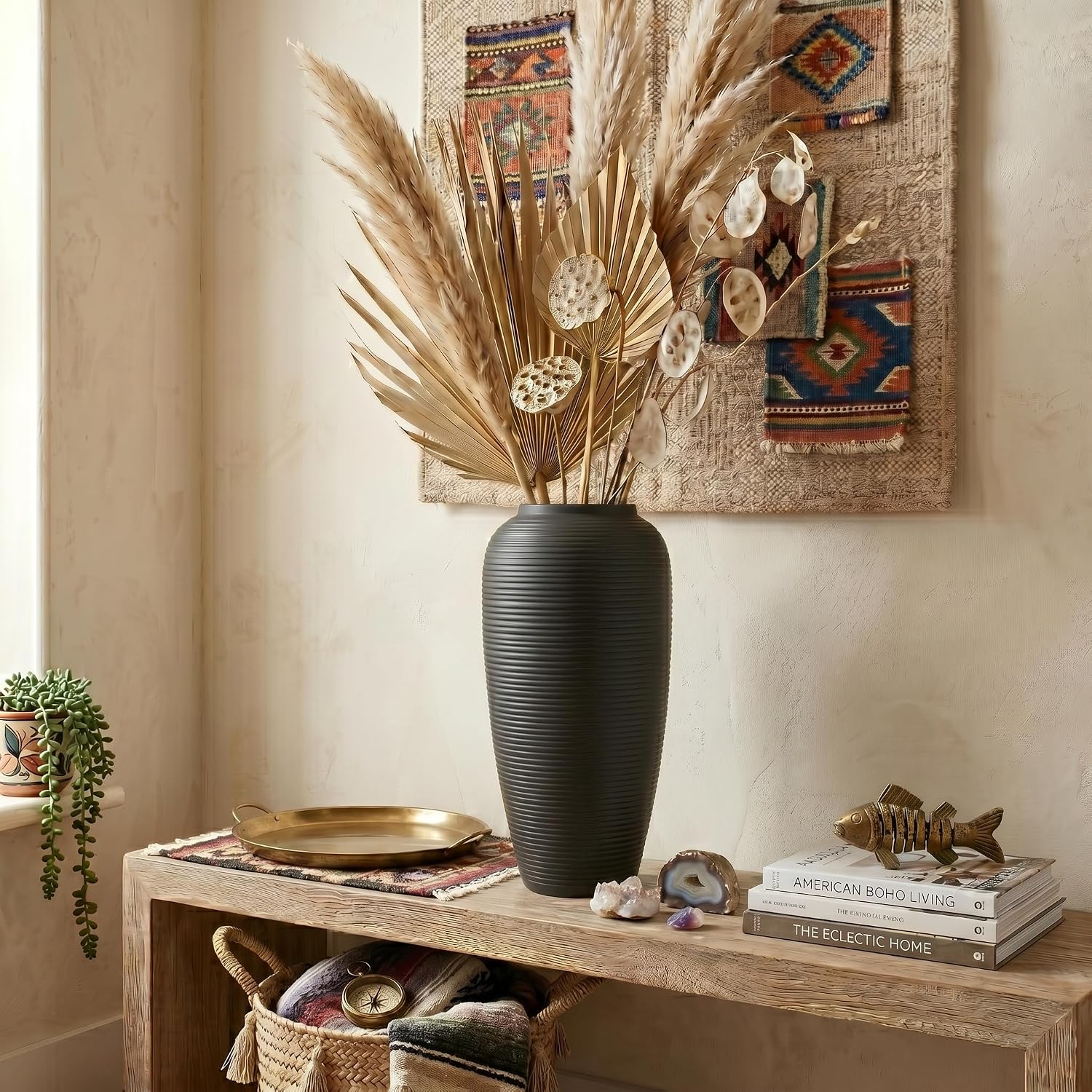 12.6 Inch Matte Black Ribbed Ceramic Vase