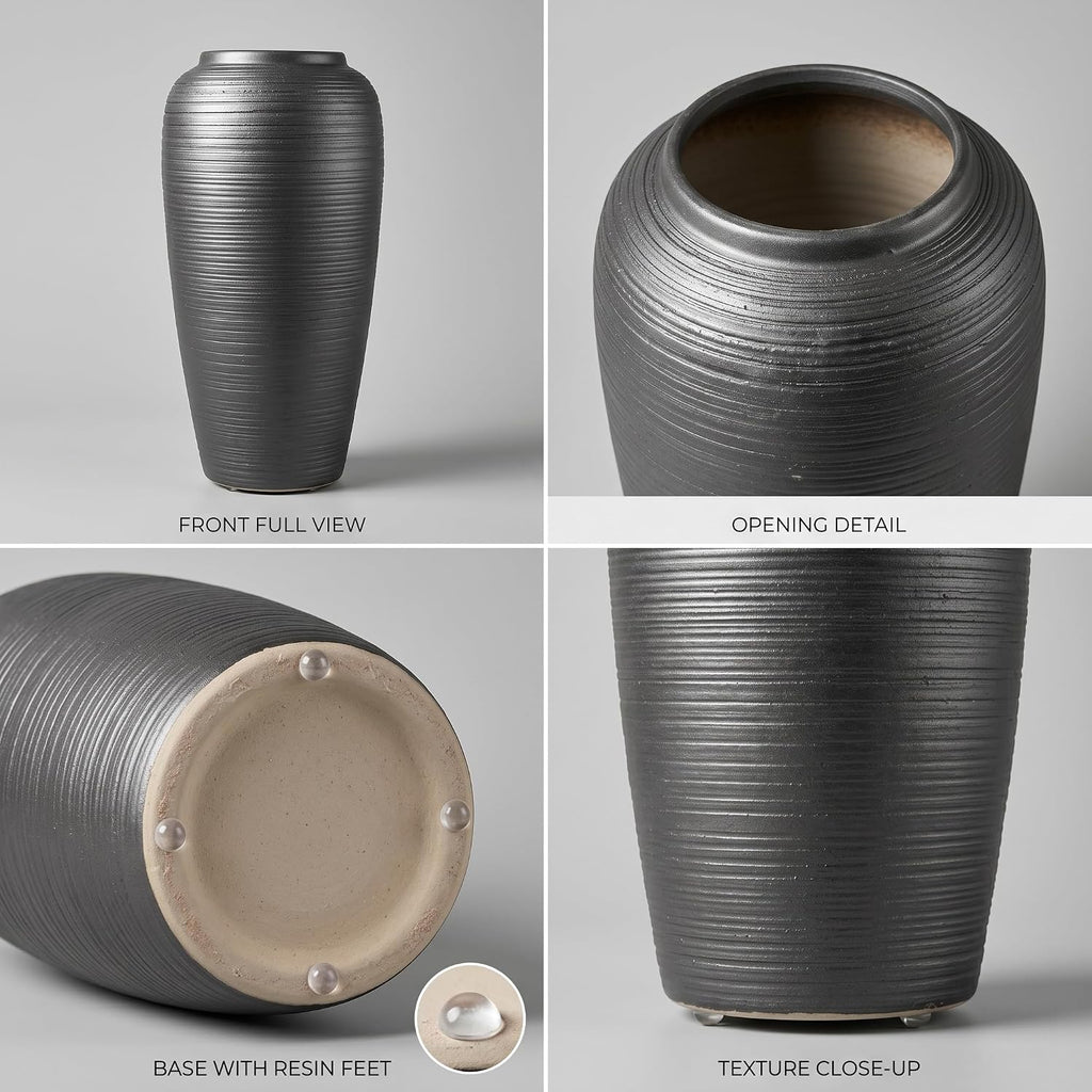 12.6 Inch Matte Black Ribbed Ceramic Vase
