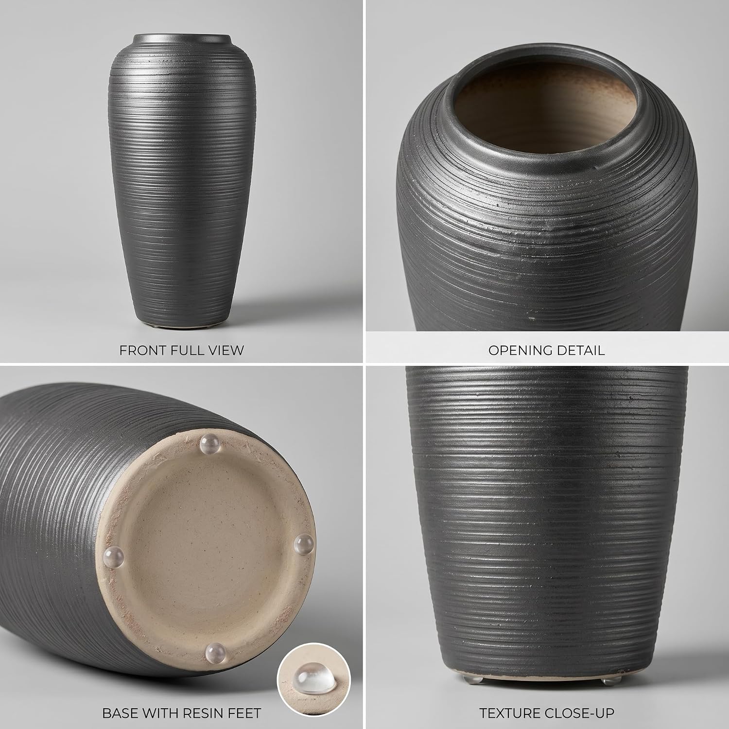 12.6 Inch Matte Black Ribbed Ceramic Vase