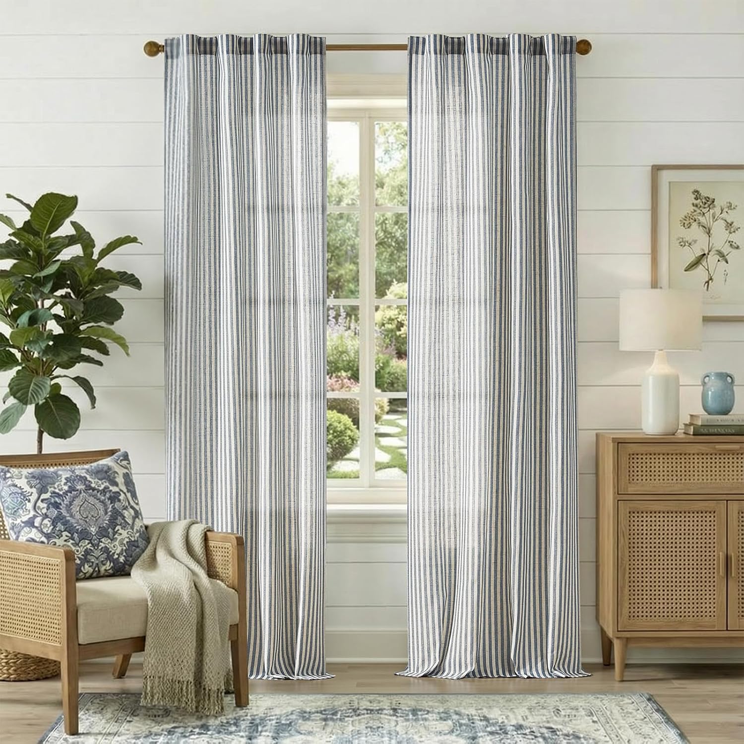 Beige Blue Stripe Linen Curtains 2 Panels