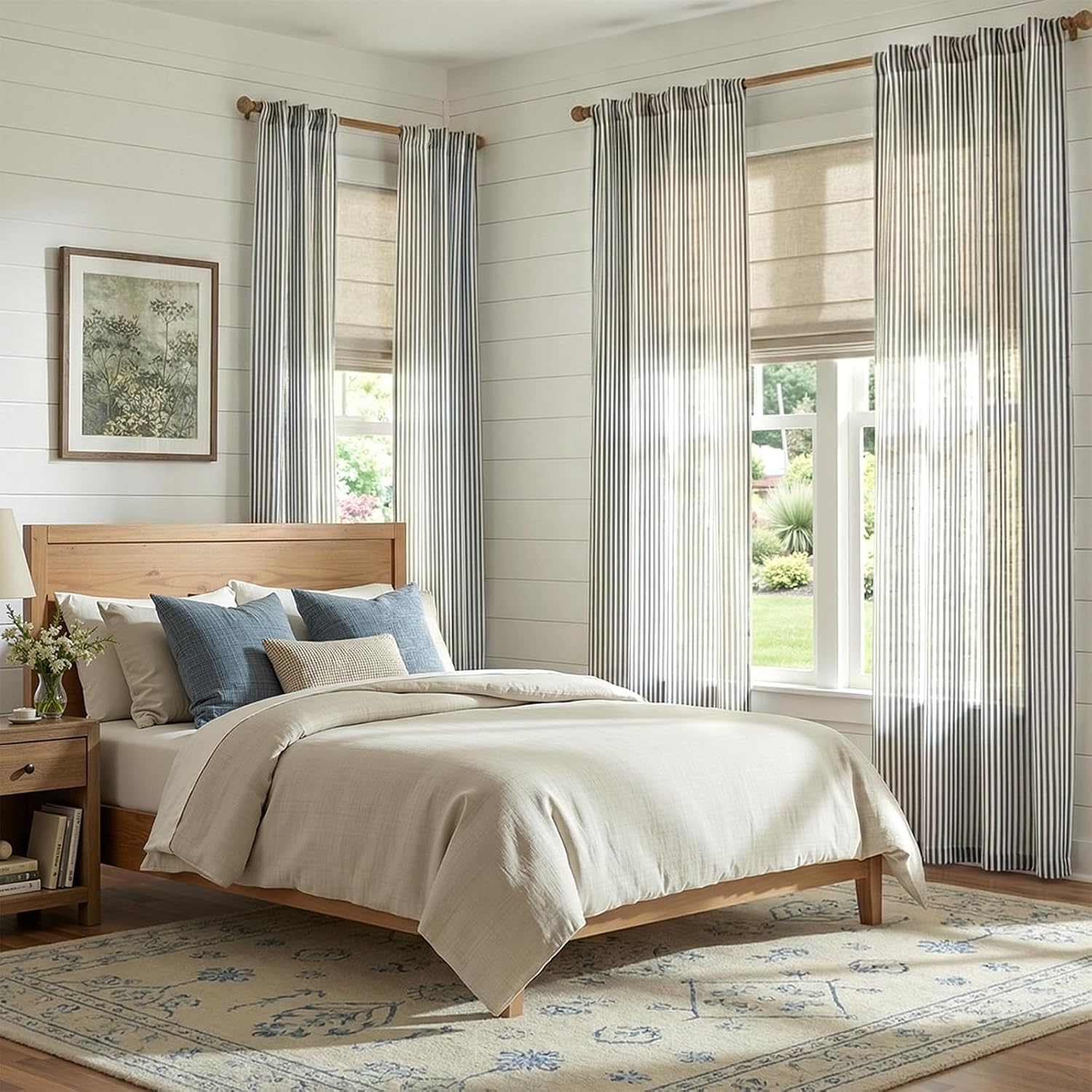 Beige Blue Stripe Linen Curtains 2 Panels