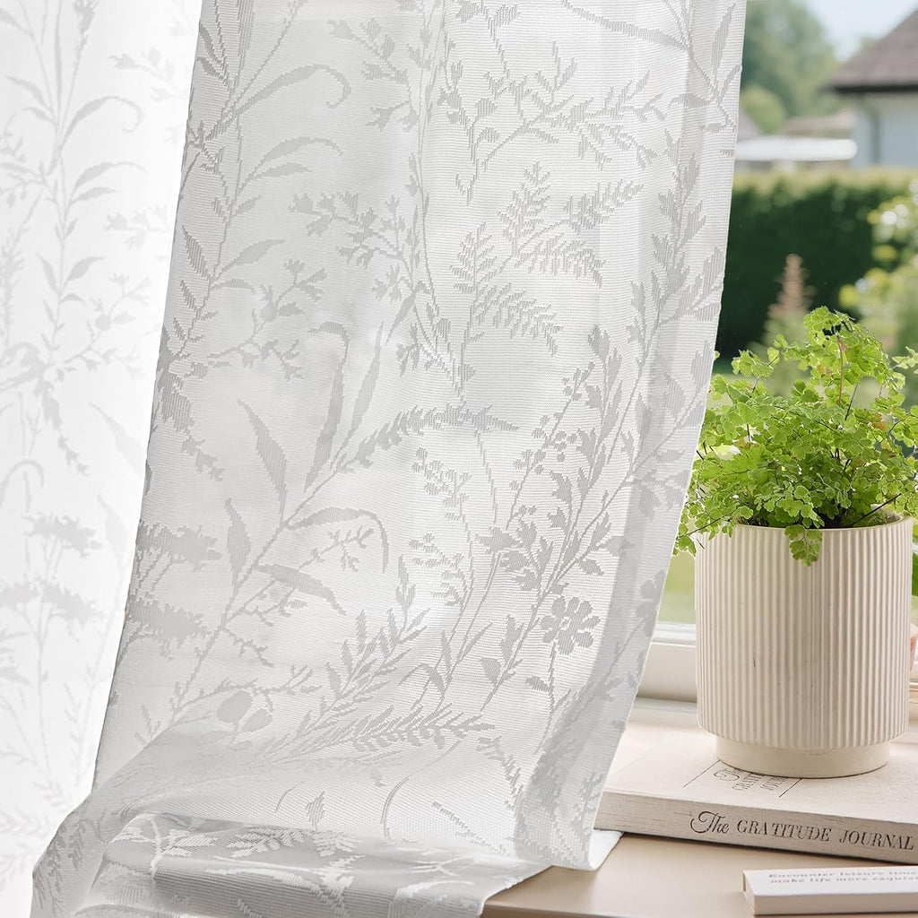 White Leaf Pattern Semi Sheer Curtains Set of 2