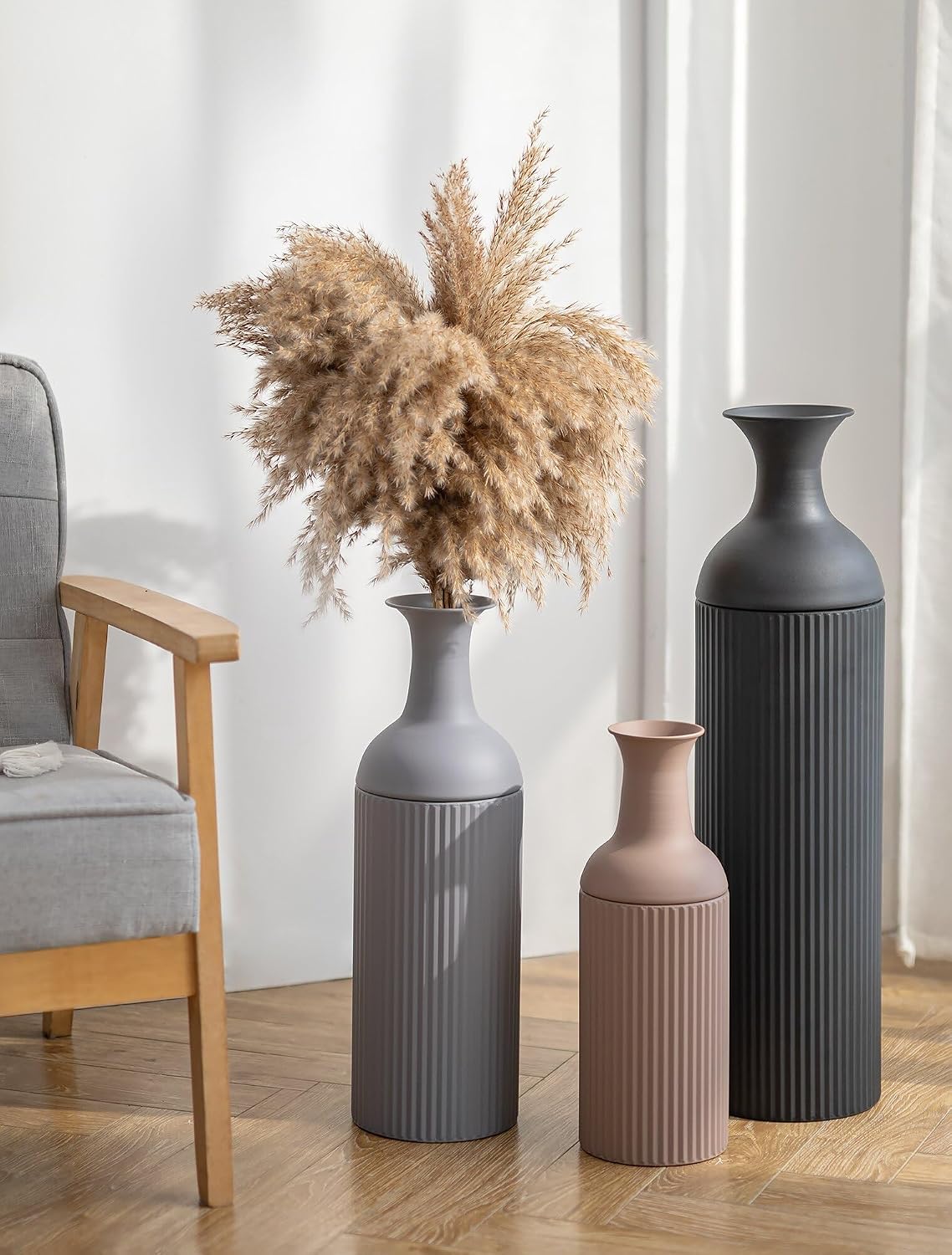 Tricolor Ribbed Tall Metal Floor Vase