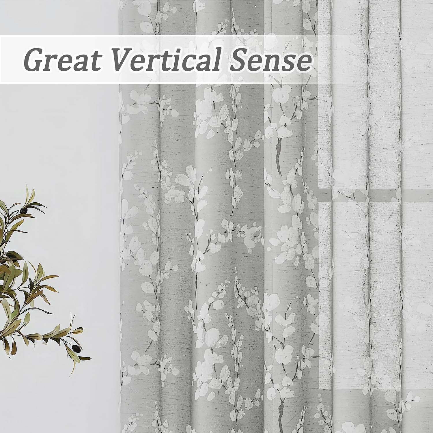 Grey White Floral Linen Sheer Curtains 2 Panels