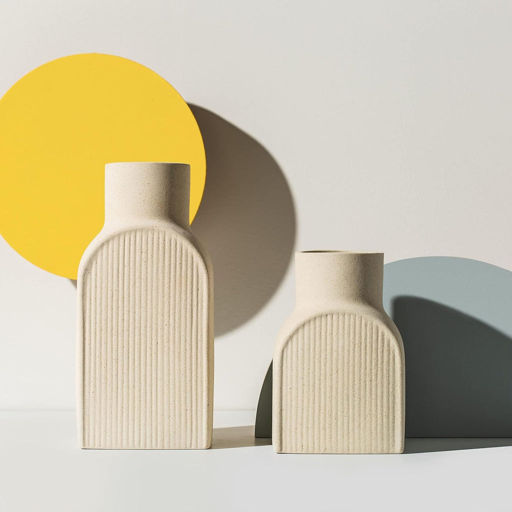Cream Ribbed Ceramic Vase Set of 2