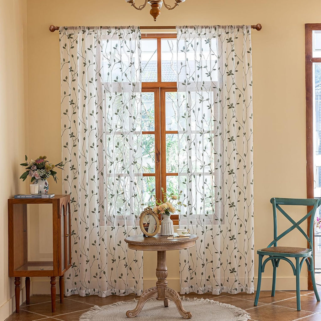 Embroidered Leaf Sheer Curtains 2 Panels