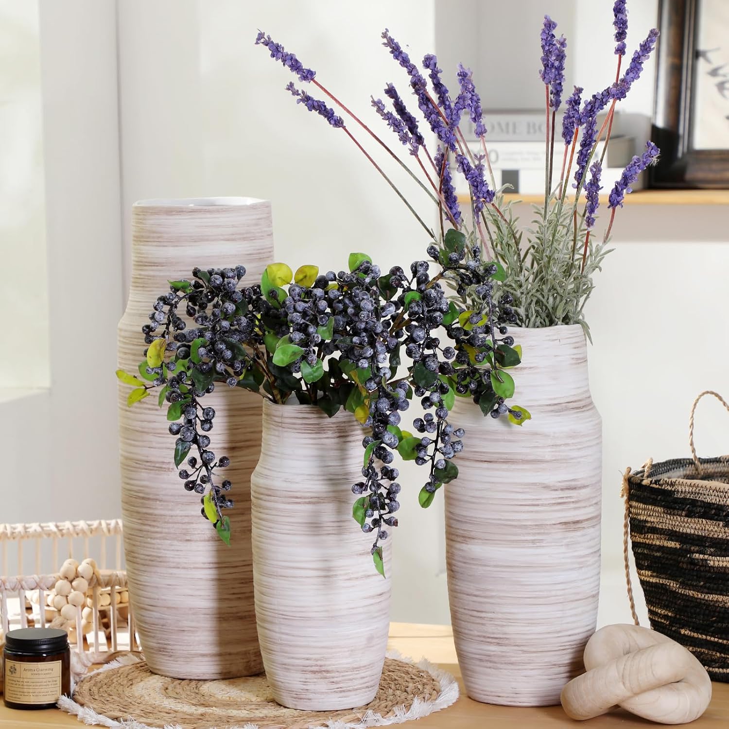 14 Inch Ribbed White Floor Ceramic Vase