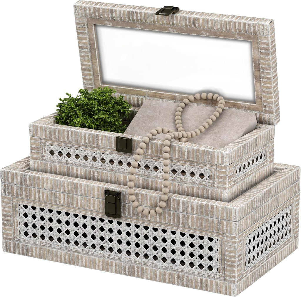 White Lidded Rattan Decorative Boxes