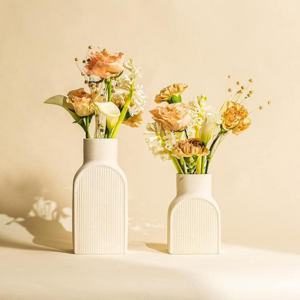 Cream Ribbed Ceramic Vase Set of 2