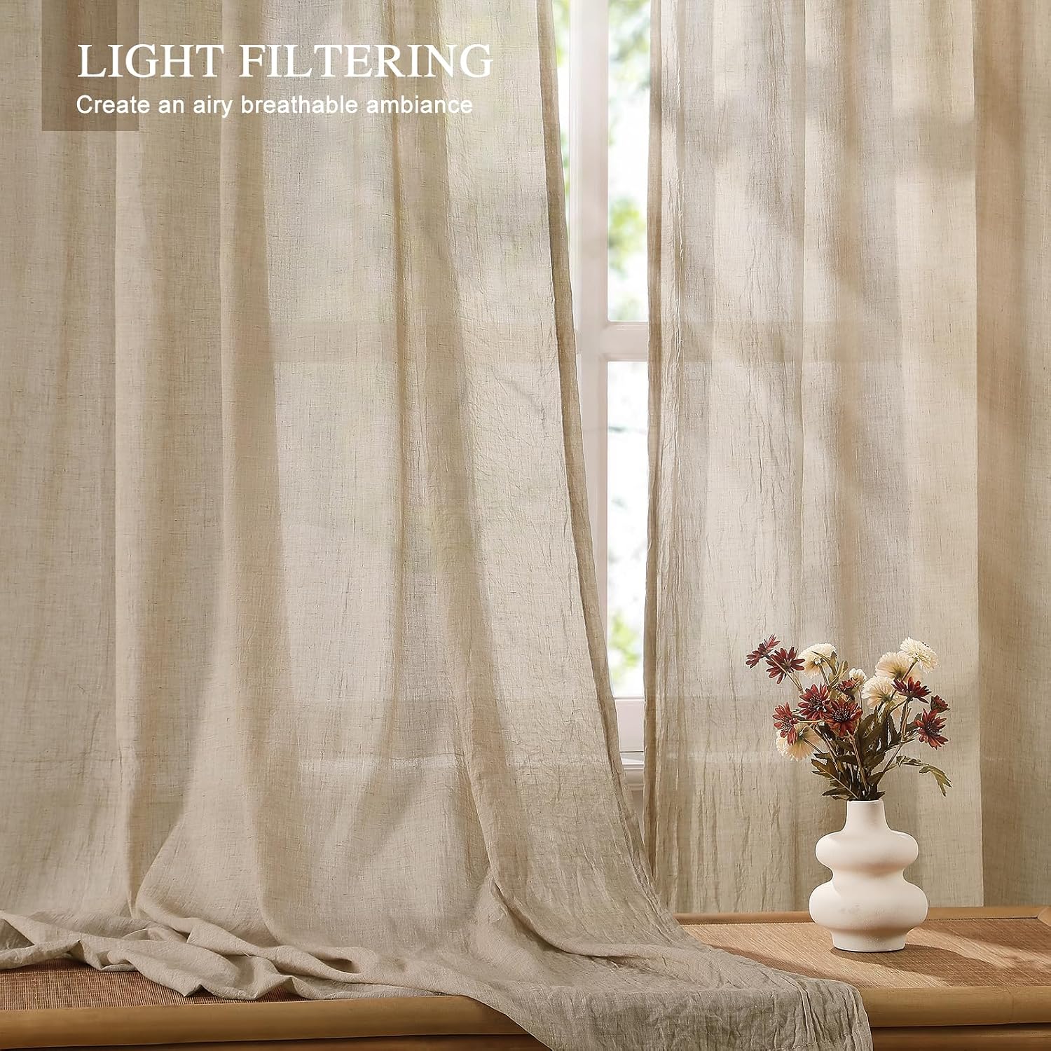 Tan Linen Textured Sheer Curtains 2 Panels