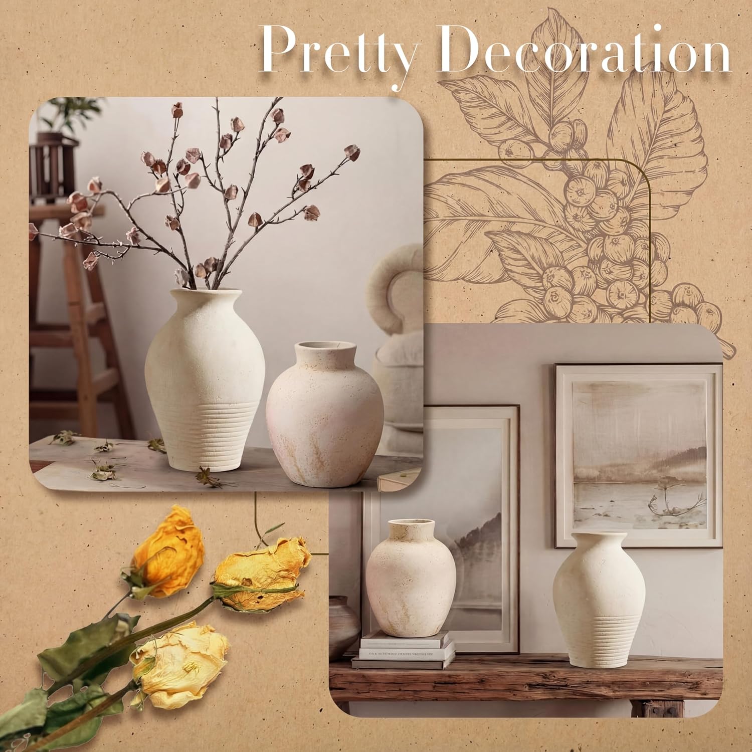 Terracotta White Rustic Vase Set of 2