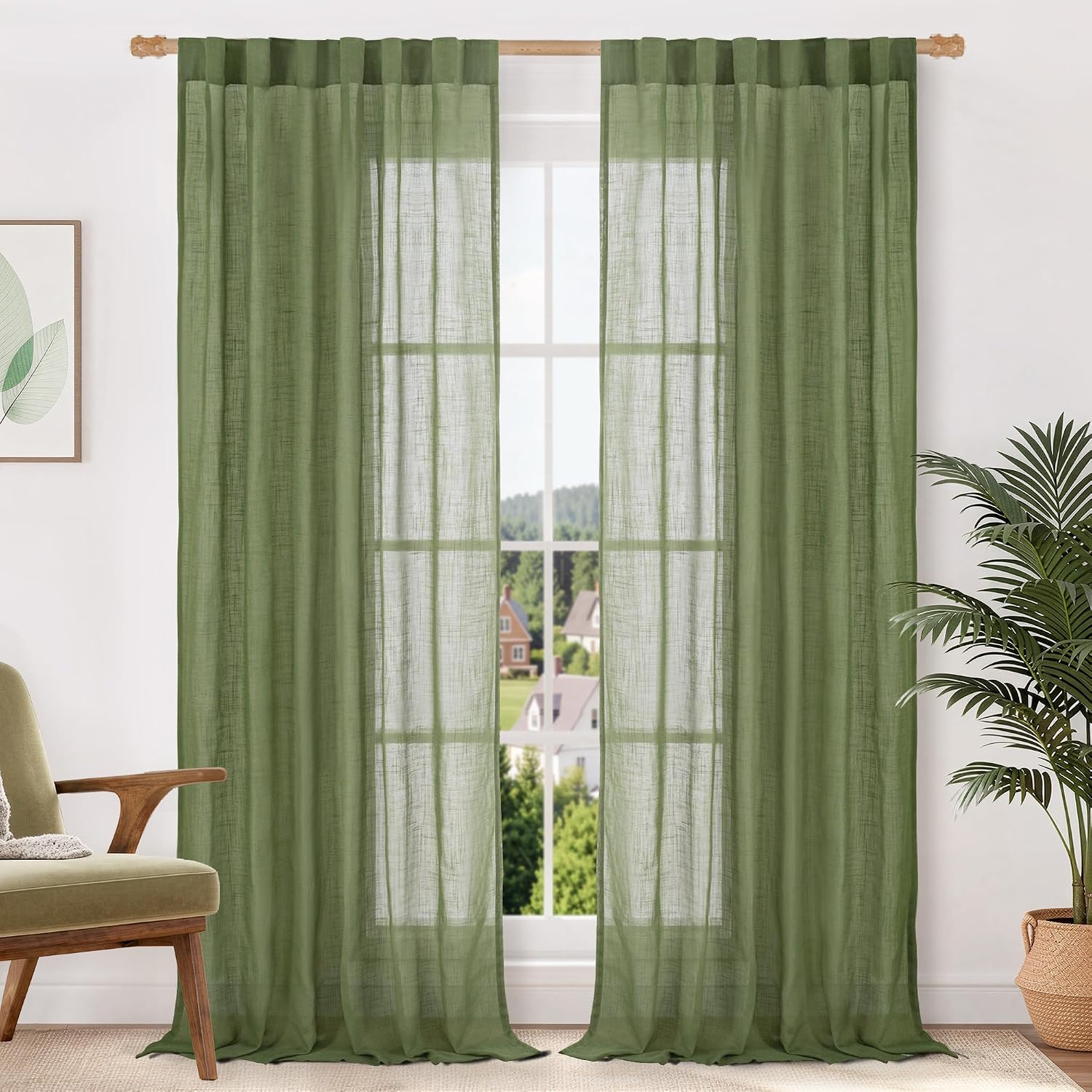 Sage Green Linen Sheer Curtains 2 Panels