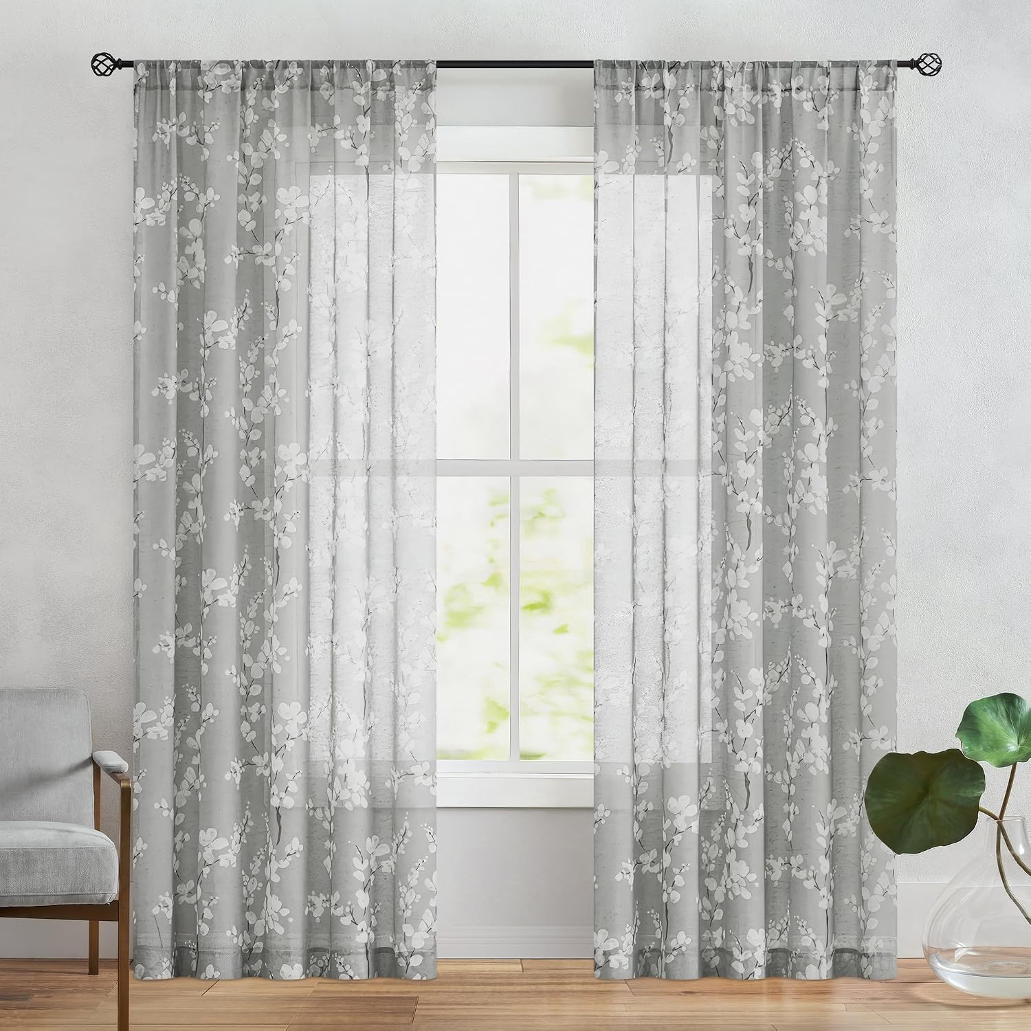 Grey White Floral Linen Sheer Curtains 2 Panels