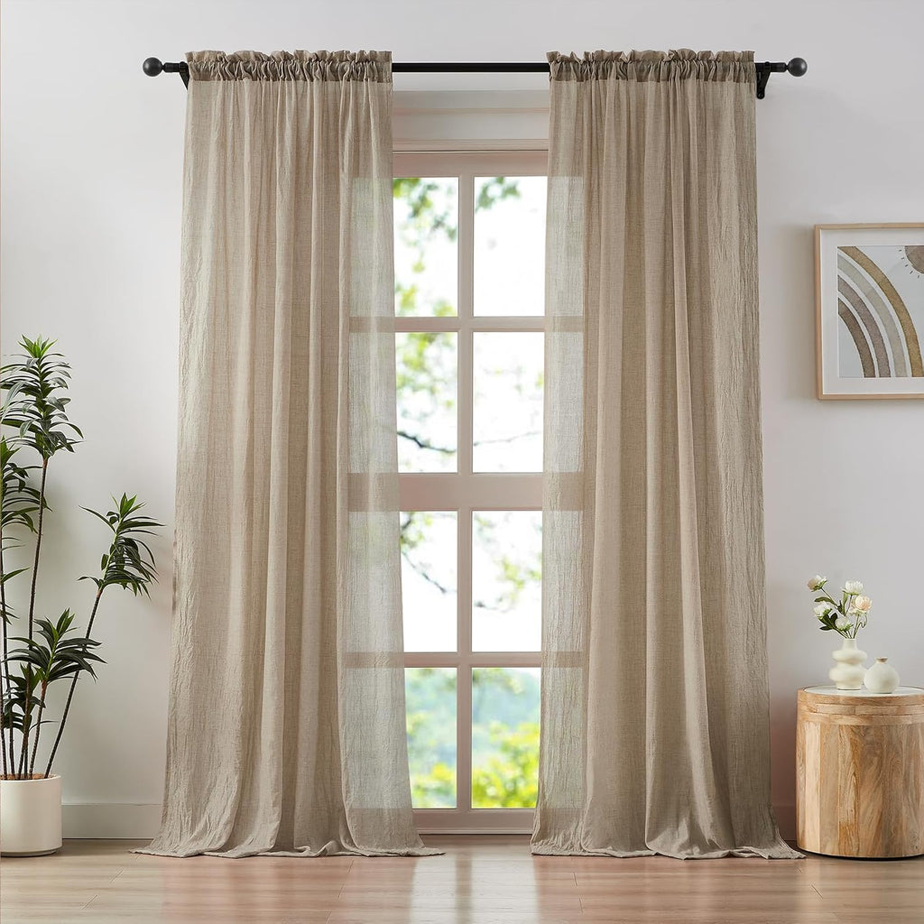 Tan Linen Textured Sheer Curtains 2 Panels