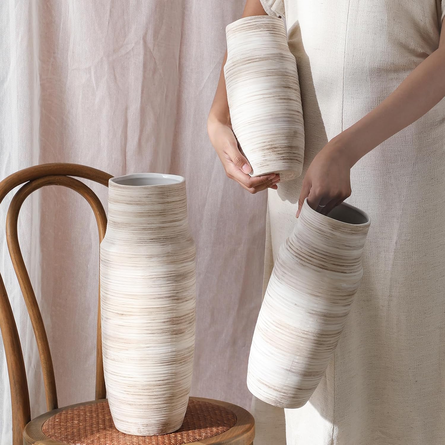 14 Inch Ribbed White Floor Ceramic Vase