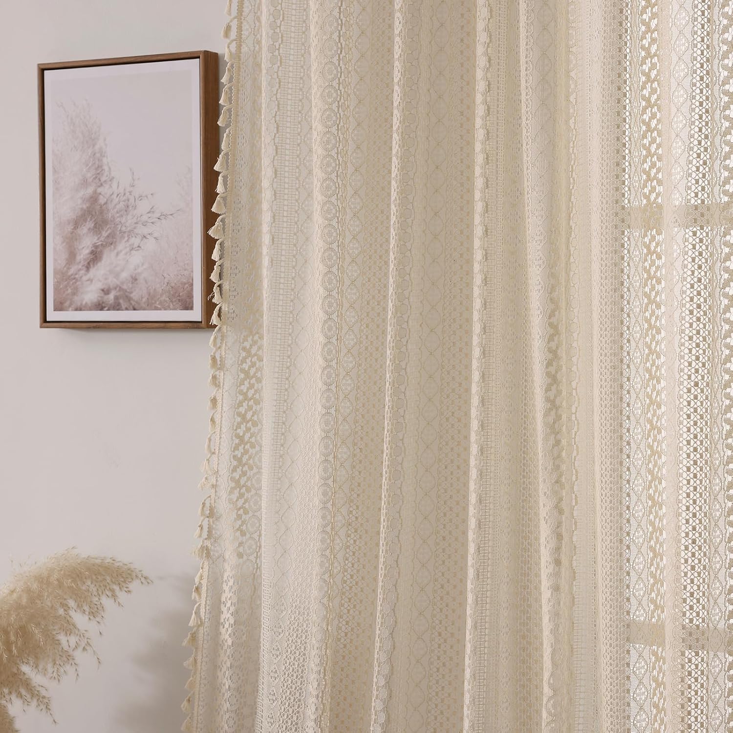 Beige Boho Lace Curtains 2 Panels