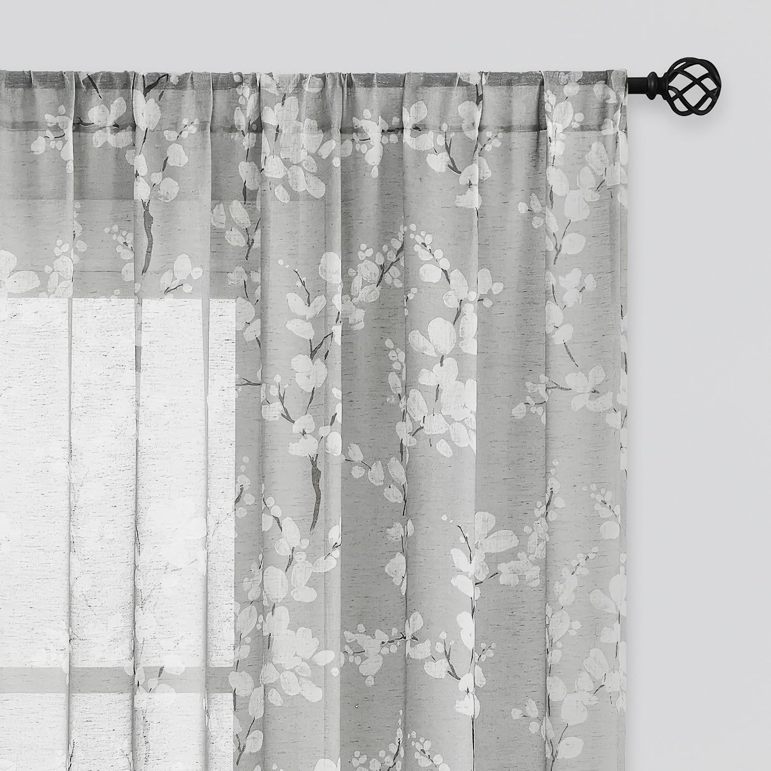 Grey White Floral Linen Sheer Curtains 2 Panels