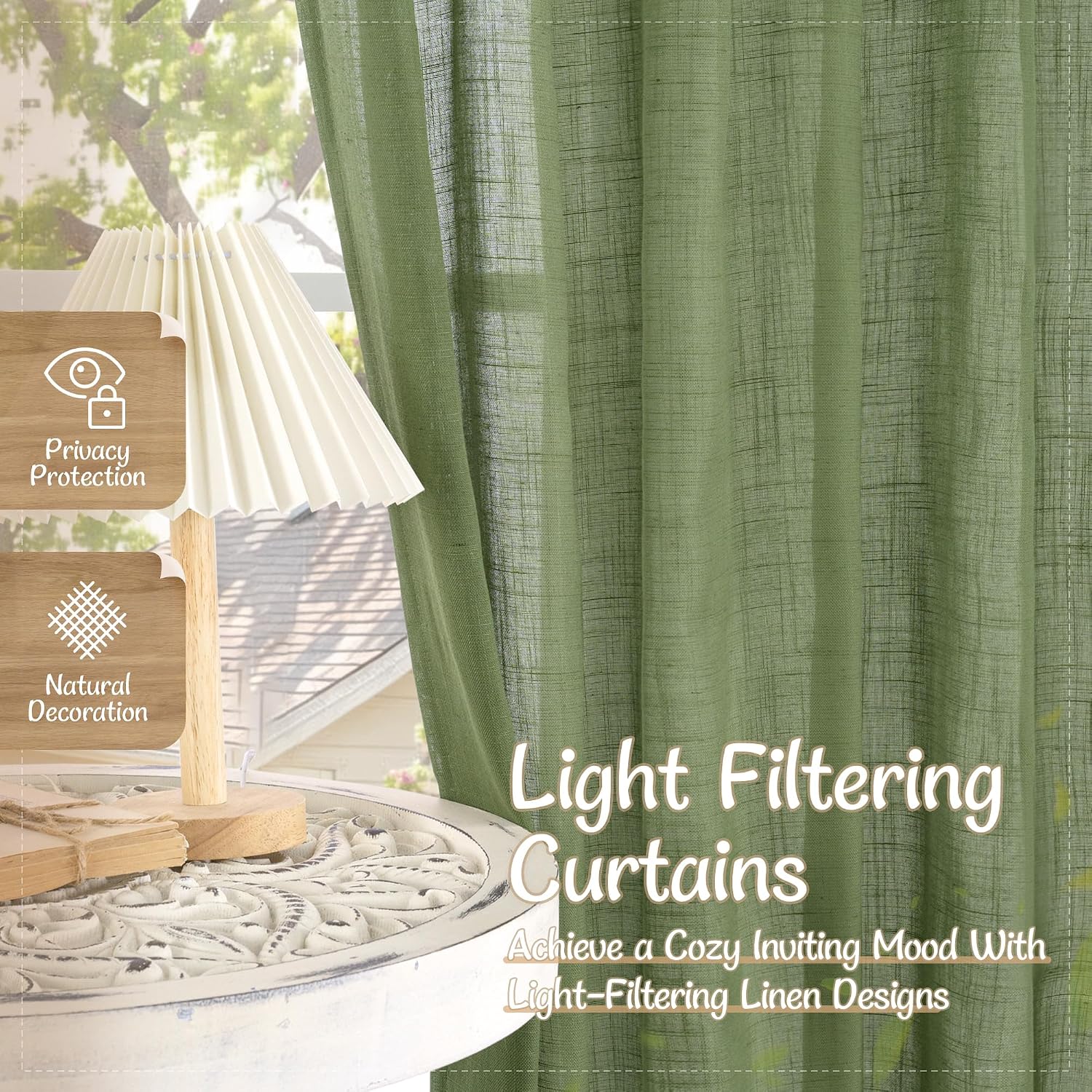 Sage Green Linen Sheer Curtains 2 Panels