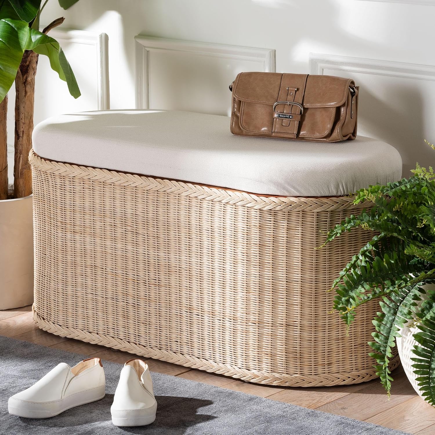 Rattan Storage Bench With Cushion