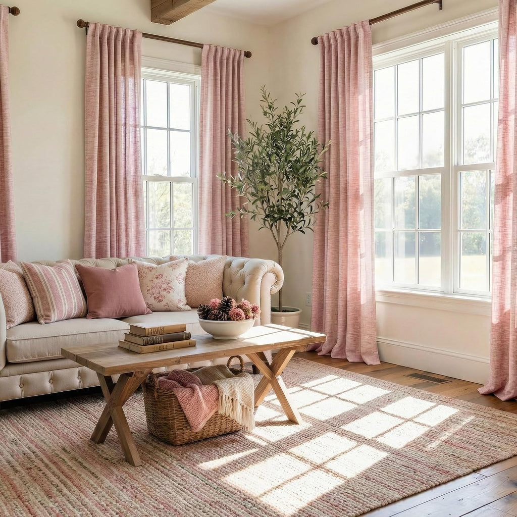 Pink Faux Linen Sheer Curtains 2 Panels