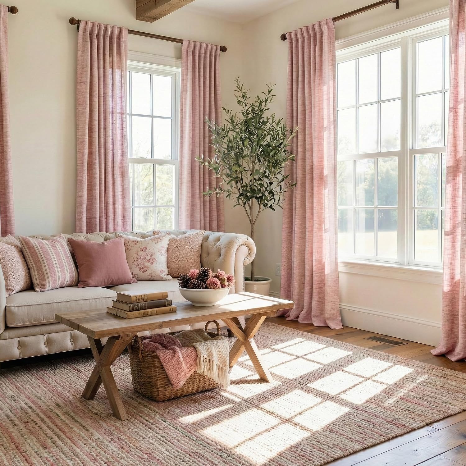 Pink Faux Linen Sheer Curtains 2 Panels
