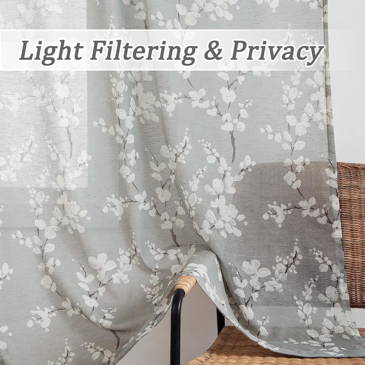 Grey White Floral Linen Sheer Curtains 2 Panels