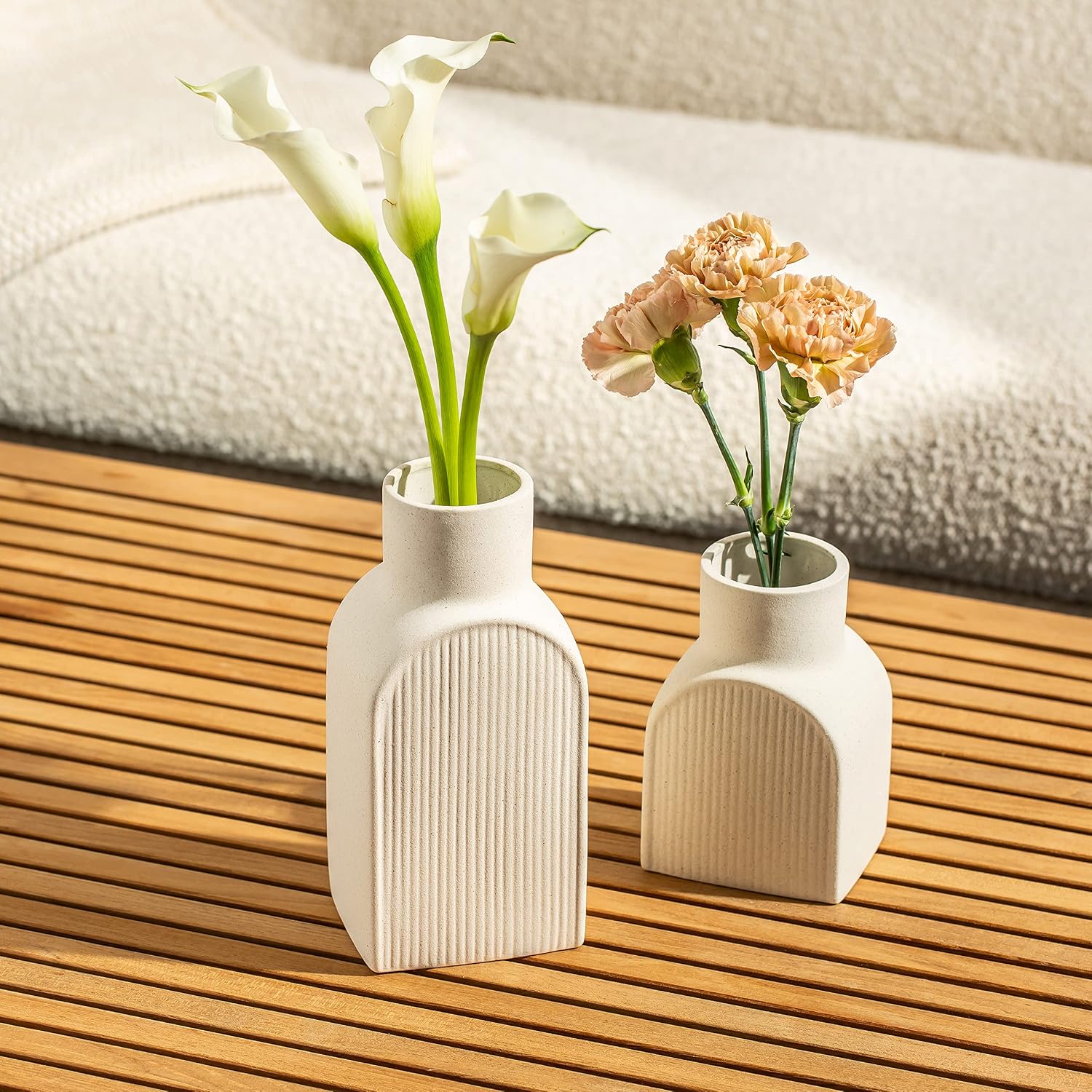 Cream Ribbed Ceramic Vase Set of 2