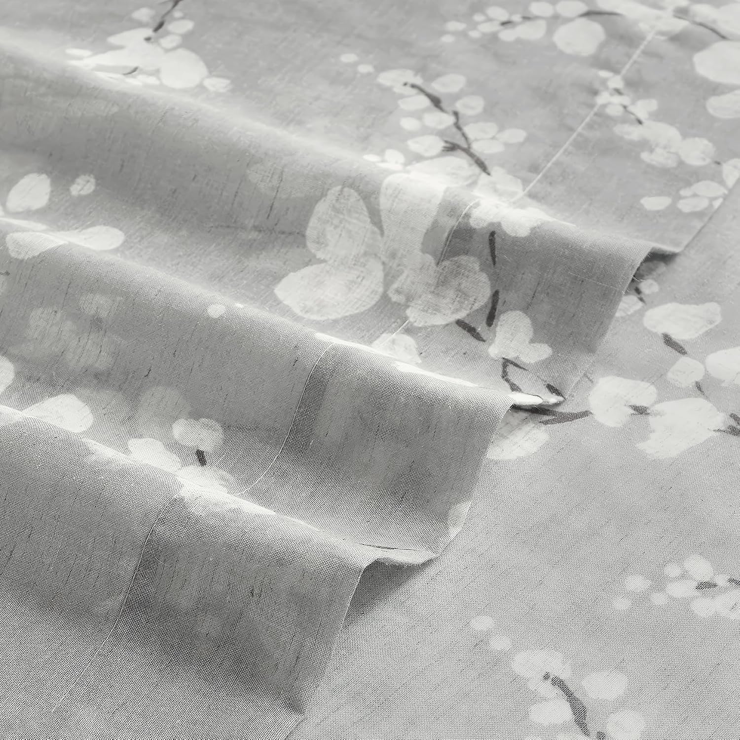 Grey White Floral Linen Sheer Curtains 2 Panels