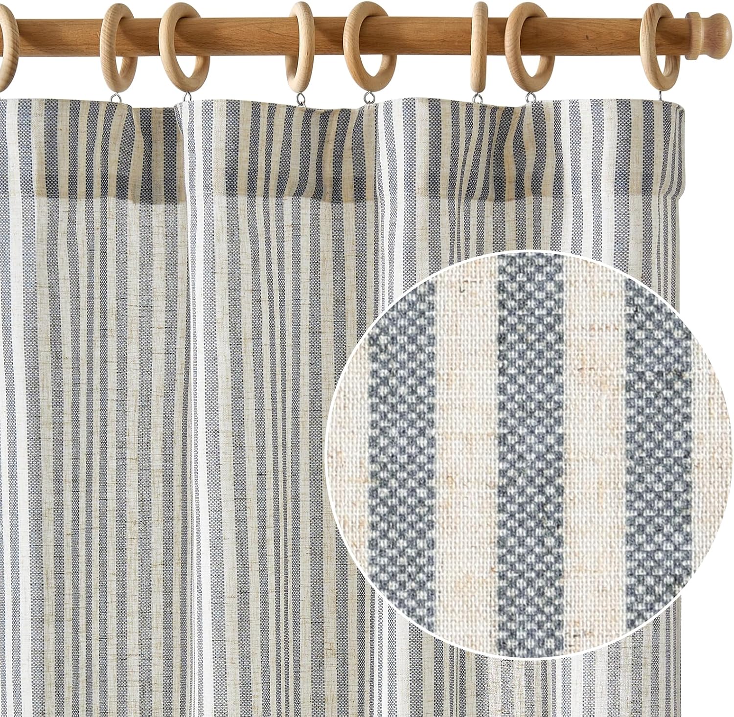 Beige Blue Stripe Linen Curtains 2 Panels