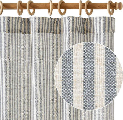 Beige Blue Stripe Linen Curtains 2 Panels